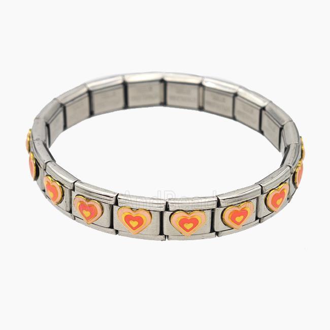 Raw Stainless Steel Module Bracelet With Heart Orange Enamel