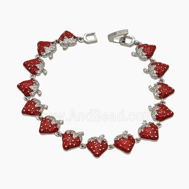 Copper Strawberry Bracelet Pave Zirconia Red Enamel Platinum Plated