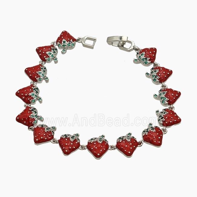 Copper Strawberry Bracelet Pave Zirconia Red Enamel Platinum Plated