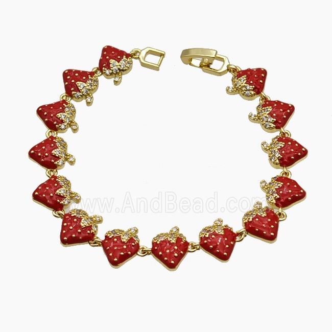 Copper Strawberry Bracelet Pave Zirconia Red Enamel Gold Plated