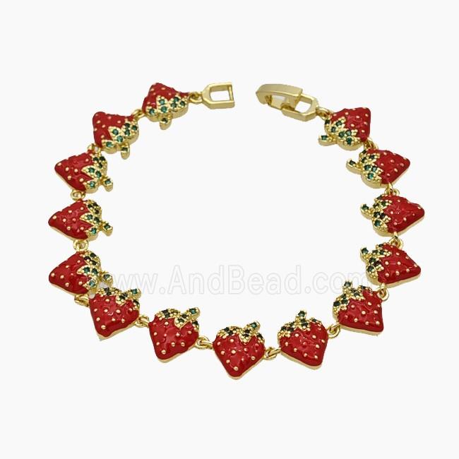Copper Strawberry Bracelet Pave Zirconia Red Enamel Gold Plated