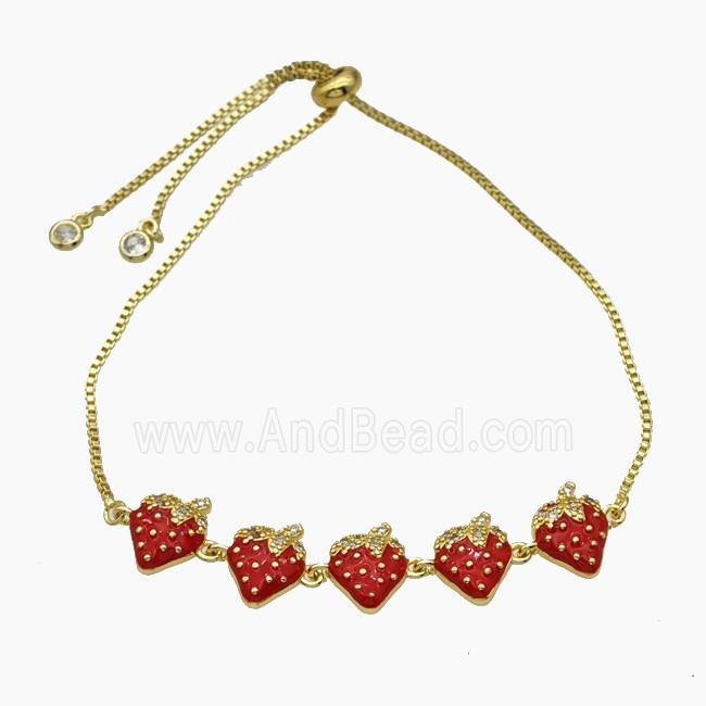 Copper Strawberry Bracelet Pave Zirconia Red Enamel Adjustable Gold Plated