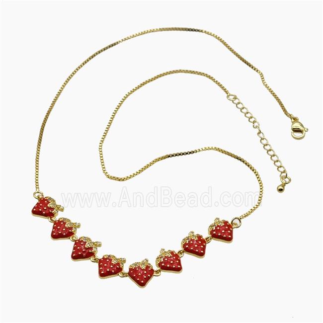 Copper Strawberry Necklace Pave Zirconia Red Enamel Gold Plated