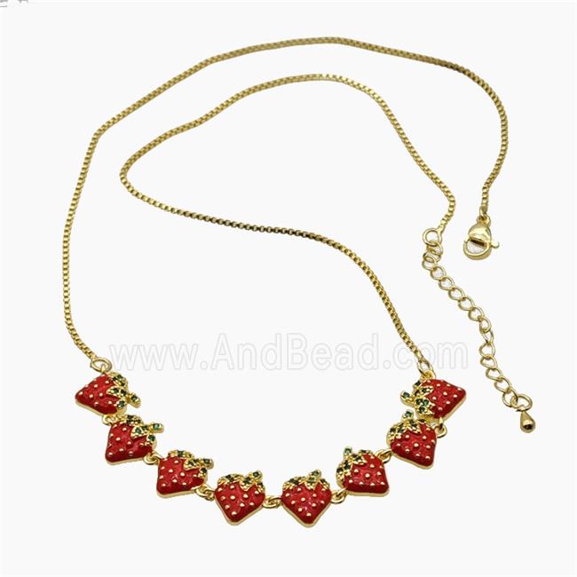 Copper Strawberry Necklace Pave Zirconia Red Enamel Gold Plated
