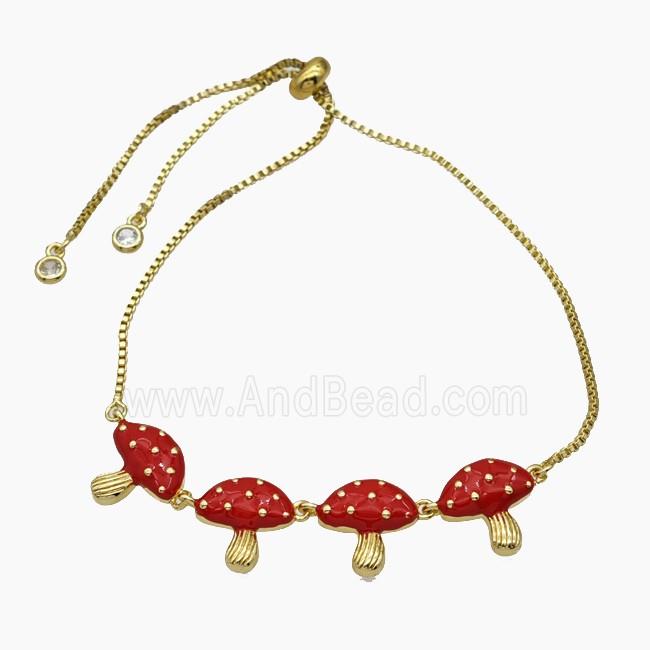 Copper Mushroom Bracelet Red Enamel Adjustable Gold Plated
