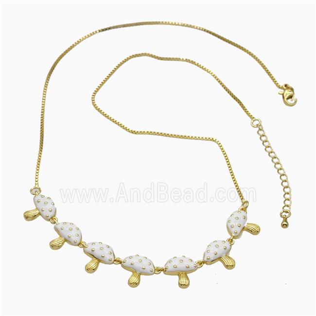 Copper Mushroom Necklace White Enamel Gold Plated