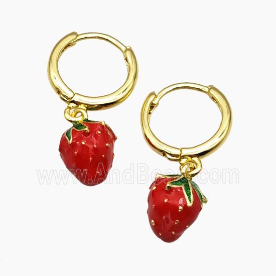 Copper Strawberry Hoop Earrings Red Enamel Gold Plated