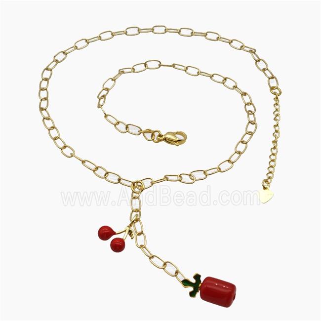 Copper Cherry Necklace Red Enamel Gold Plated
