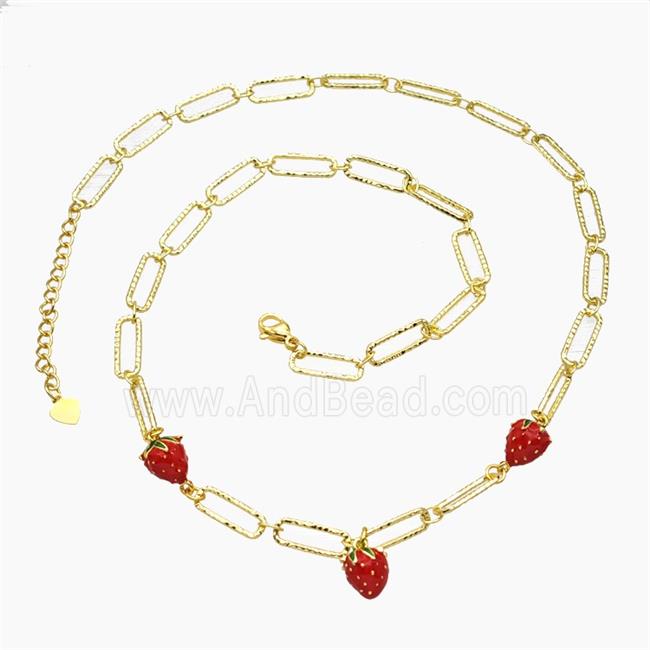 Copper Strawberry Necklace Red Enamel Gold Plated