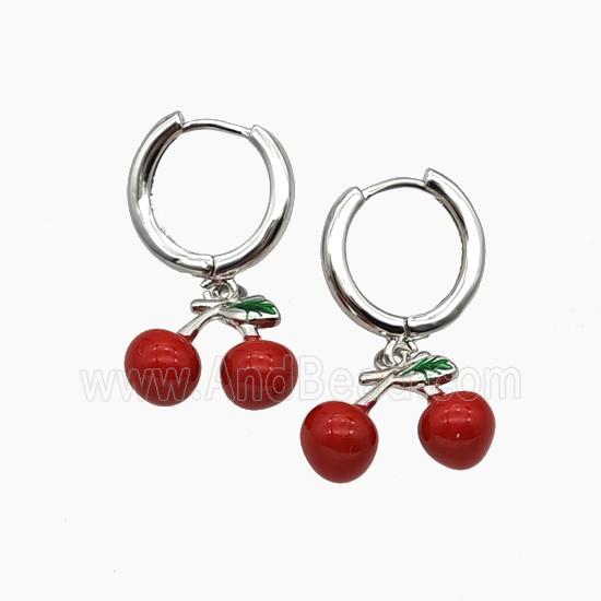 Copper Cherry Hoop Earrings Red Enamel Platinum Plated