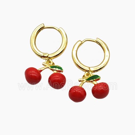 Copper Cherry Hoop Earrings Red Enamel Gold Plated