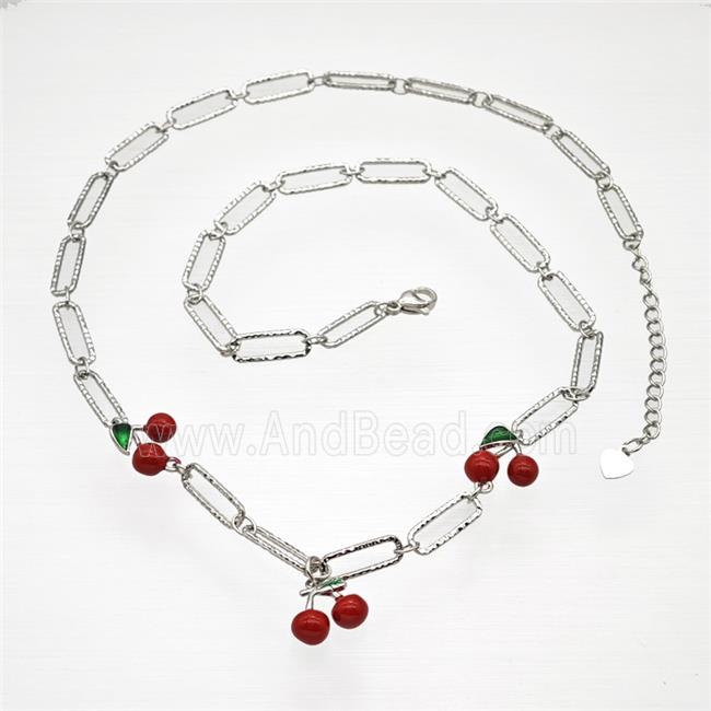 Copper Cherry Necklace Red Enamel Platinum Plated