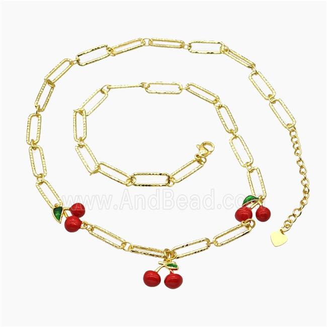 Copper Cherry Necklace Red Enamel Gold Plated