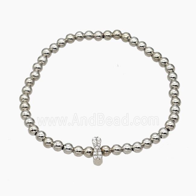Copper Ball Bracelet With Letter-I Pave Zirconia Stretchy Platinum Plated