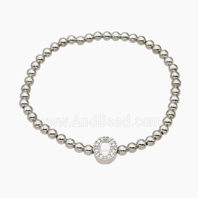 Copper Ball Bracelet With Letter-O Pave Zirconia Stretchy Platinum Plated