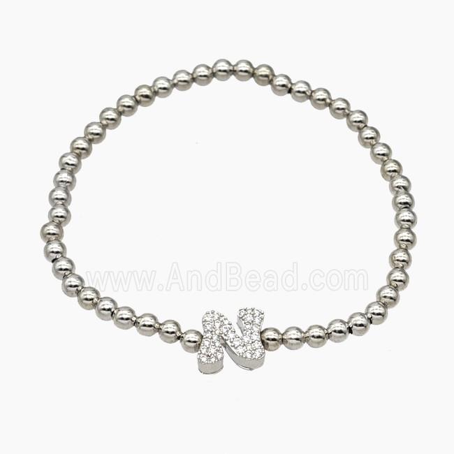 Copper Ball Bracelet With Letter-N Pave Zirconia Stretchy Platinum Plated
