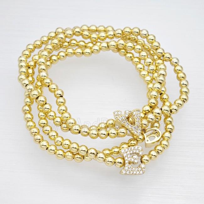 Copper Ball Bracelet With Letters Pave Zirconia Stretchy Gold Plated Mixed