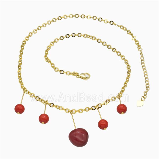Copper Necklace With Red Pearlized Resin Gold Plated