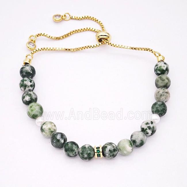 Green Dalmatian Jasper Bracelet Adjustable Copper Gold Plated
