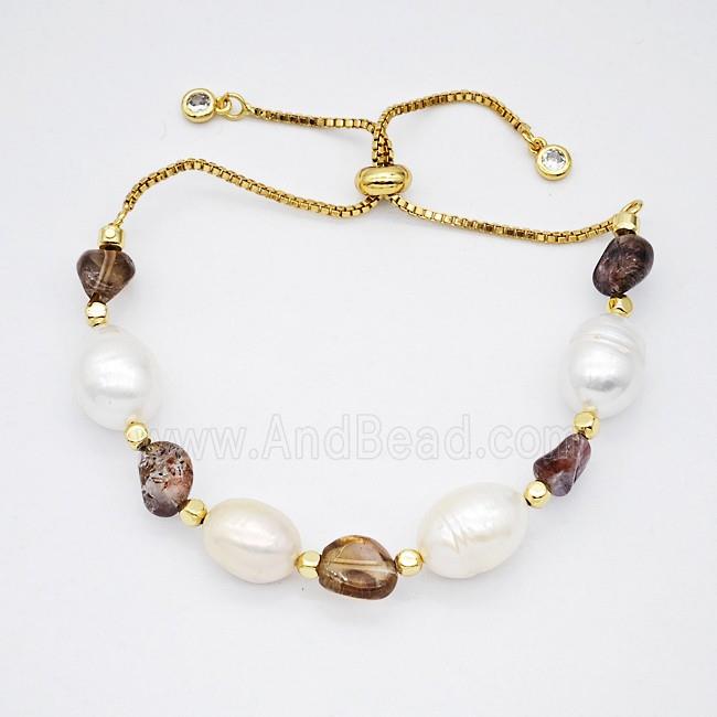 Pearl And Gemstone Bracelet Adjustable Copper Gold Plated