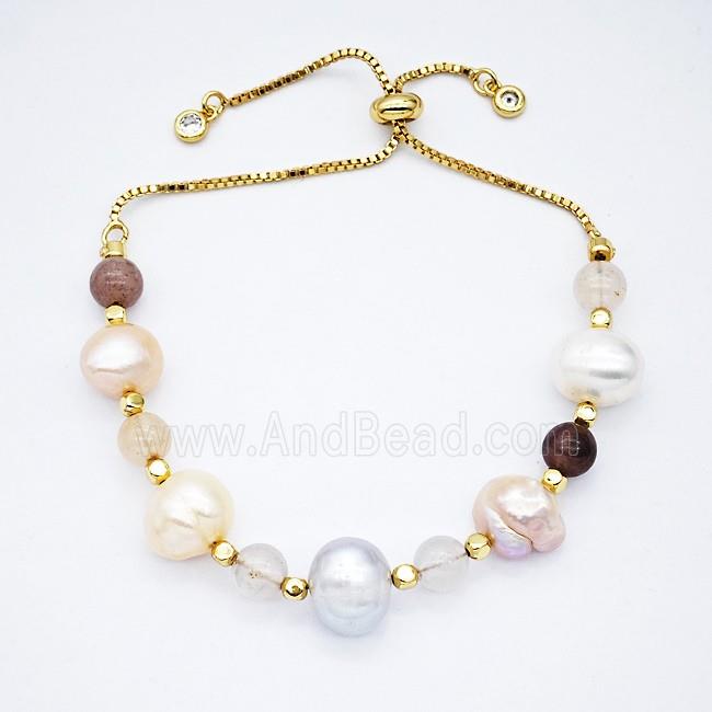 Pearl And Gemstone Bracelet Adjustable Copper Gold Plated