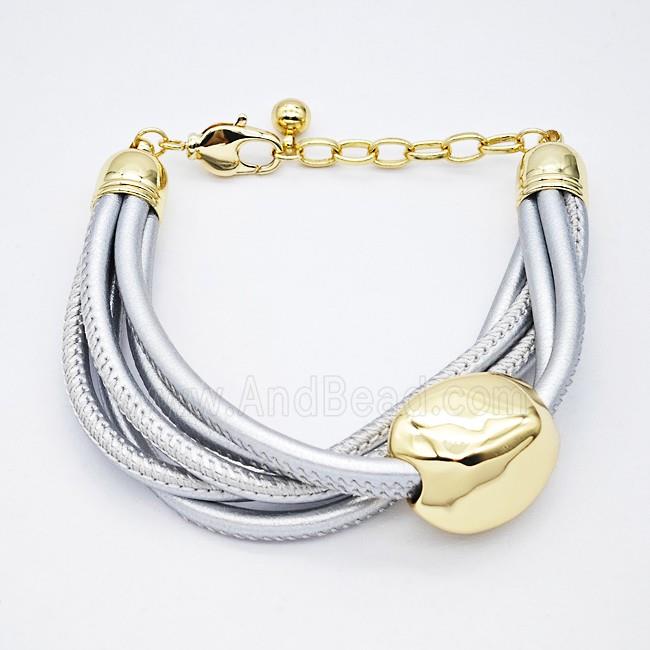 Silver PU Leather Bracelet With Copper Beads Gold Plated