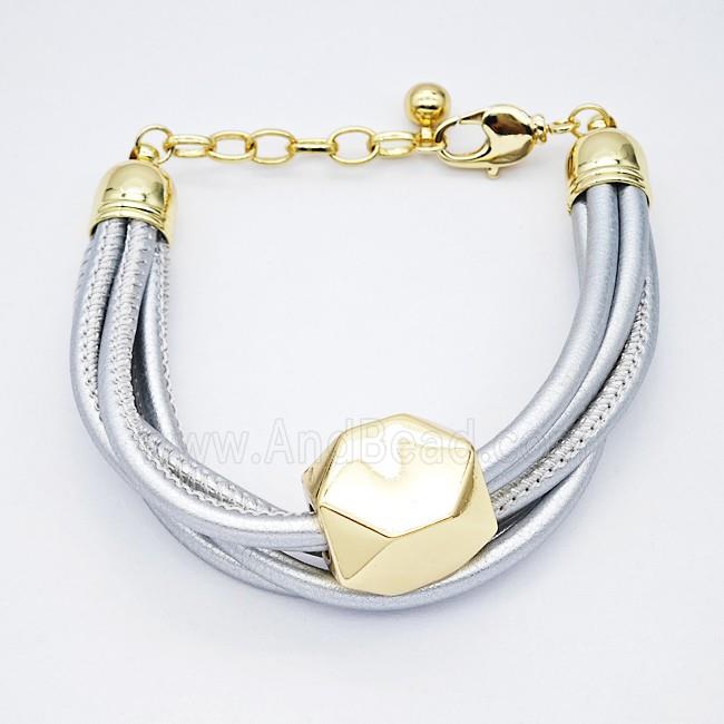 Silver PU Leather Bracelet With Copper Beads Gold Plated