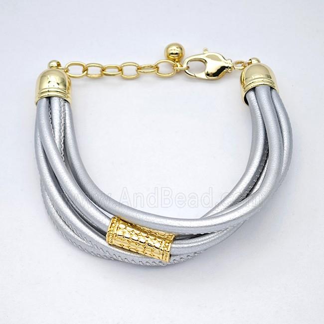 Silver PU Leather Bracelet With Copper Beads Gold Plated