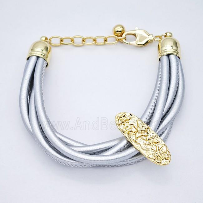 Silver PU Leather Bracelet With Copper Beads Gold Plated