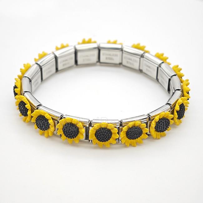 Raw Stainless Steel Module Bracelet Pave Resin Sunflower
