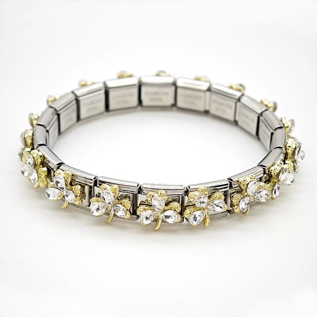 Raw Stainless Steel Module Bracelet Pave Resin Crystal Glass Clover
