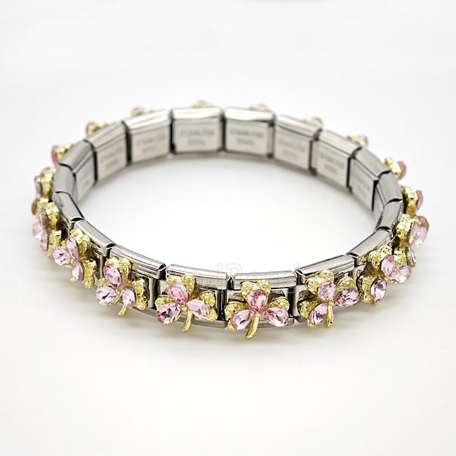 Raw Stainless Steel Module Bracelet Pave Resin Crystal Glass Clover
