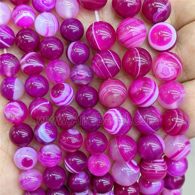 Natural Stripe Agate Beads Fuchsia Dye Smooth Round