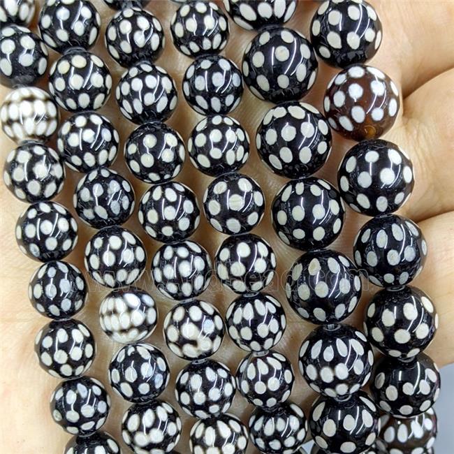 Black Tibetan Agate Beads Smooth Round Spots