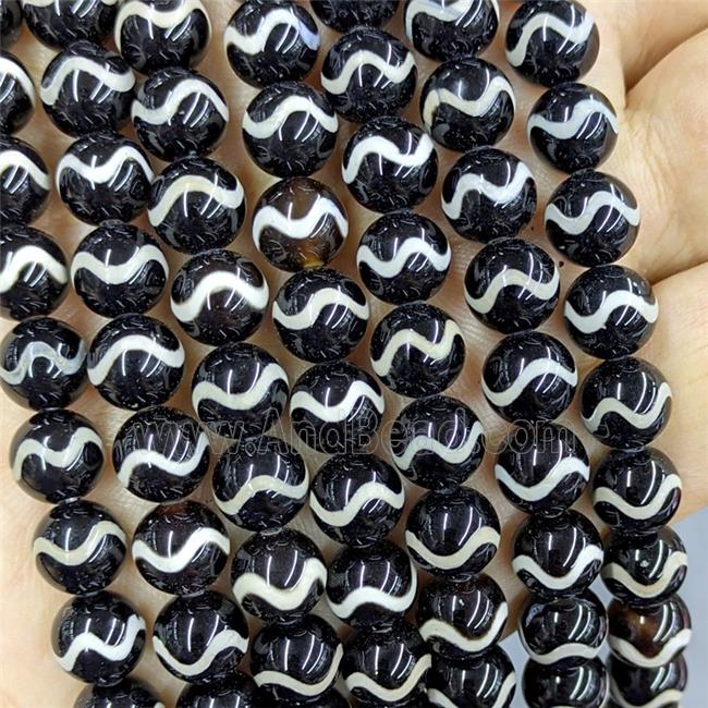 Black Tibetan Agate Beads Smooth Round Wave