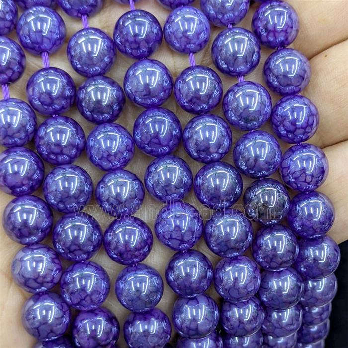 Natural Dragon Veins Agate Beads Purple Dye Smooth Round Electroplated