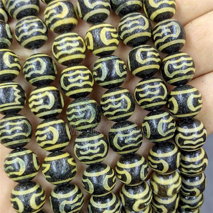Black Tibetan Agate Round Beads Yellow