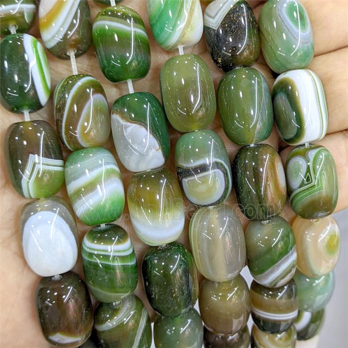 Green Stripe Agate Barrel Beads Banded Dye