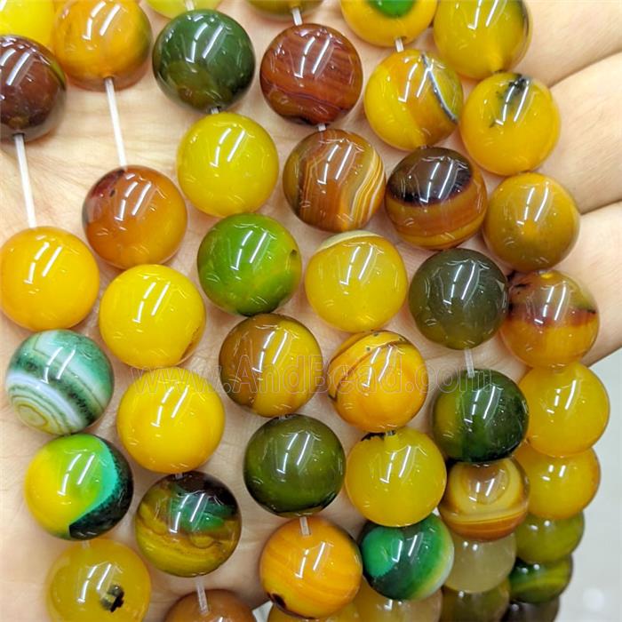 Stripe Agate Beads Smooth Round Dye Green Yellow Banded