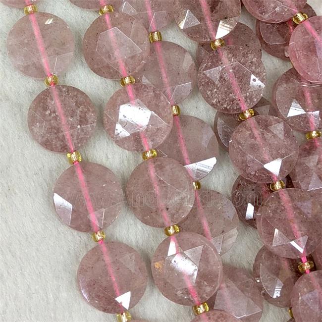 Natural Pink Strawberry Quartz Coin Beads Faceted