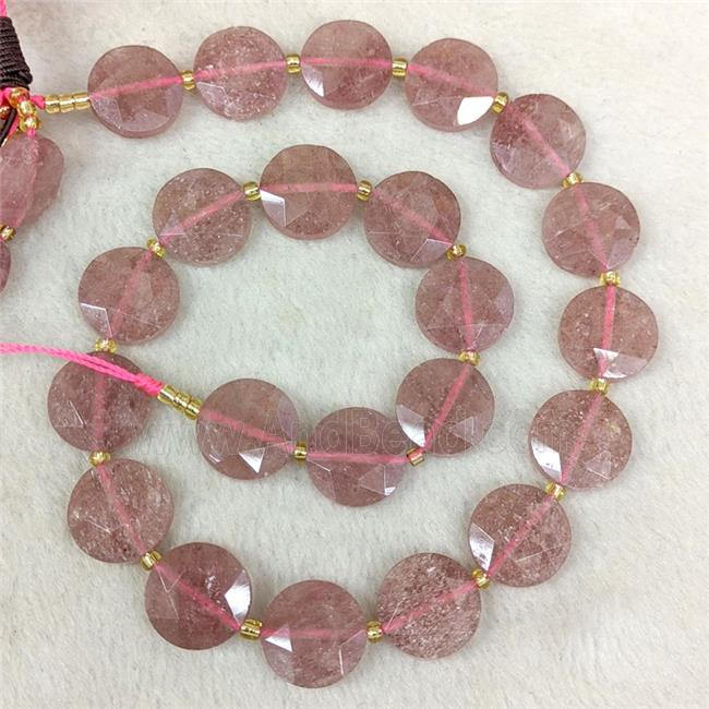 Natural Pink Strawberry Quartz Coin Beads Faceted