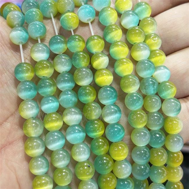 Cat Eye Round Beads Smooth Green Yellow Dye