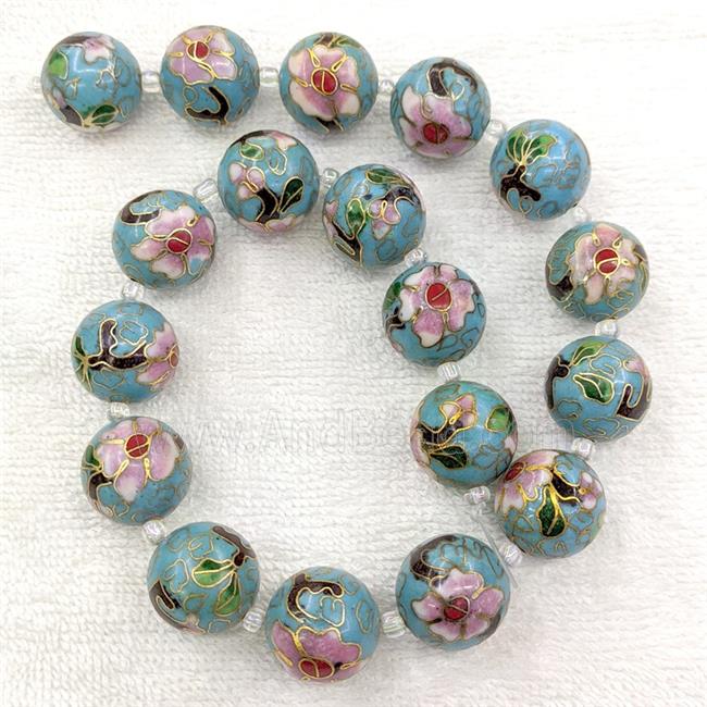 Blue Cloisonne Copper Round Beads Flower