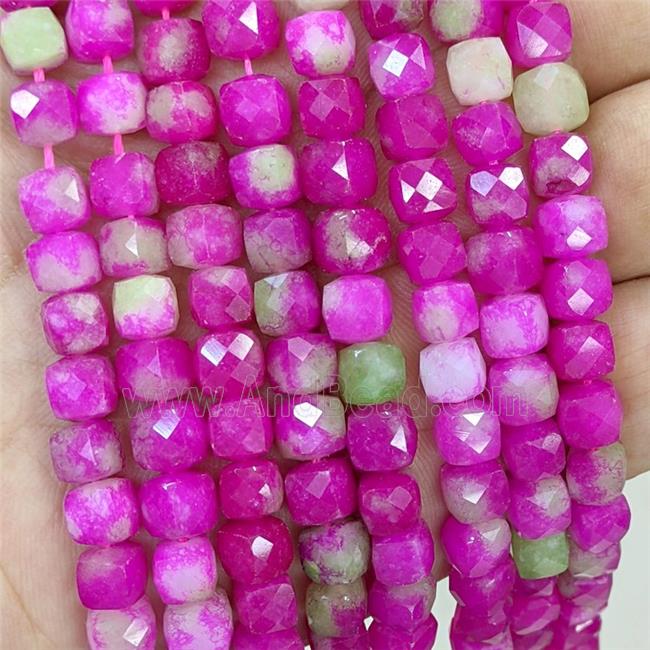 Hotpink Dye Jade Beads Faceted Cube