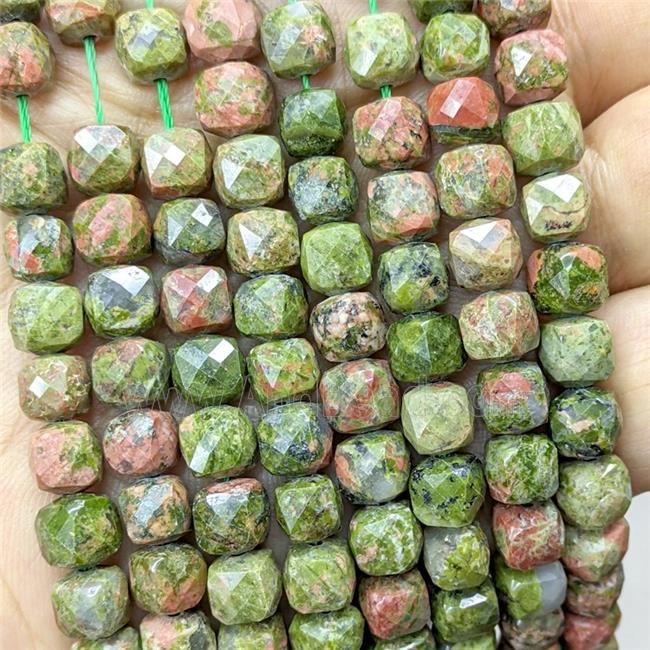 Natural Unakite Beads Faceted Cube Green