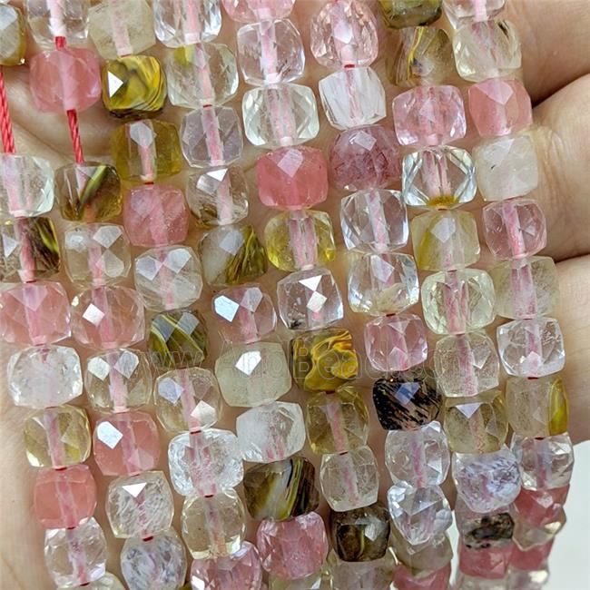 Pink Synthetic Quartz Beads Faceted Cube Tigerskin