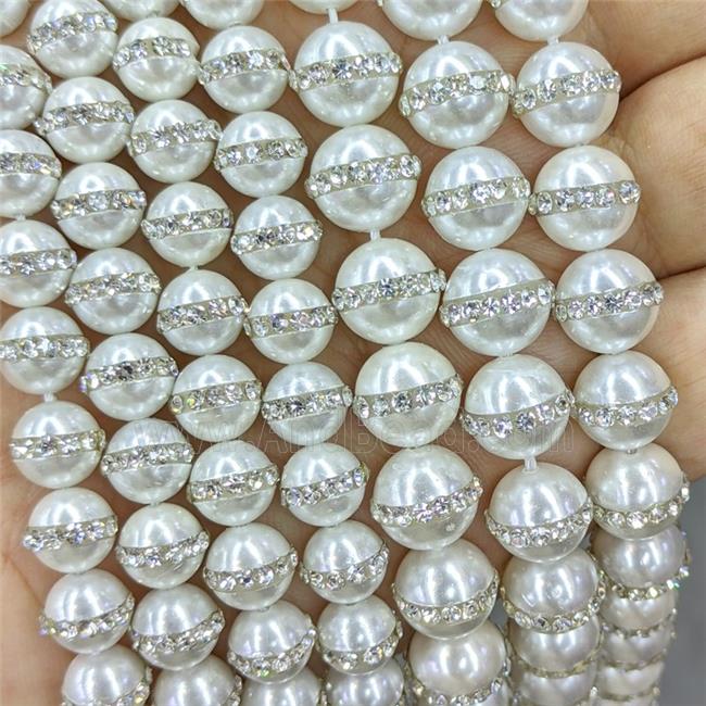 White Pearlized Shell Round Beads Pave Rhinestone
