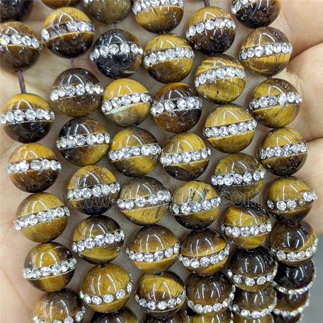 Natural Tiger Eye Stone Round Beads Pave Rhinestone