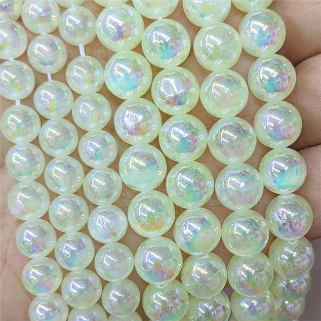 Natural Selenite Beads Lt.green Dye Smooth Round Electroplated
