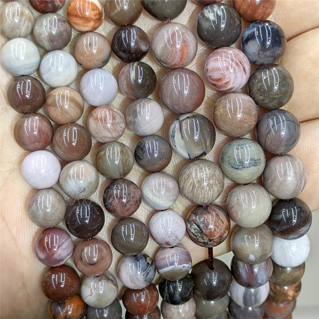 Natural Wood Petrified Jasper Beads Multicolor Smooth Round